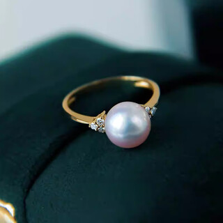 Fat donglai quality 18k gold-plated pearl ring akoya seawater triangle exquisite diamond heavenly grade perfect round bright light cherry blossom pink pearl diameter 10mm