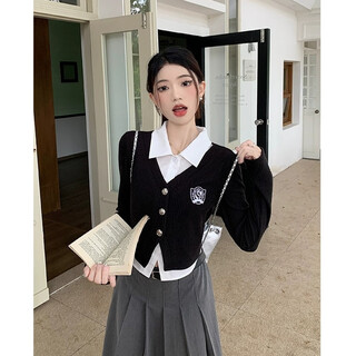 Mu ni fake two-piece long-sleeved shirt polo collar top black spliced short slim college style commuting outer layer black top fake two-piece m size recommended 80-100jin jin is equal to 0.5 kg