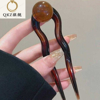 Qkx retro u-shaped hairpin for women with high-end sense of ball on the back of the head, simple and elegant hairpin hairpin headdress, amber beads u-shaped hair fork - about 12.5cm