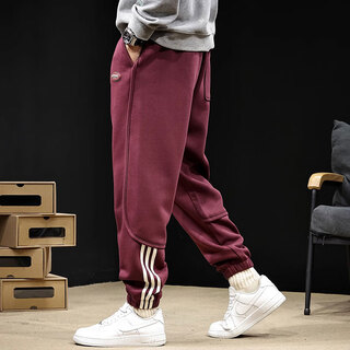 Gu xiansen striped leggings sweatpants for men in autumn and winter new style plus velvet loose casual sports pants for men new stretch harem trousers maroon 2xl 160-180jin jin equals 0.5 kg