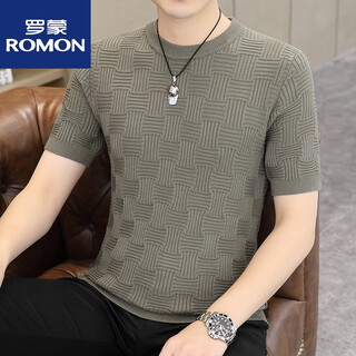 Romon knitted short-sleeved t-shirt men's printed trendy half-sleeved sweater winter men's sweater slim bottoming shirt personality 1116 gray green l recommended 105-120jin jin equals 0.5 kg