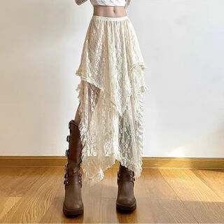 Xier fat mm korean style lace skirt mid-length stacked butt curtain design irregular hem long skirt holiday style one size fits all up to 120 jin jin is equal to 0.5 kg