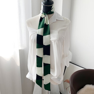 Polka-dot small silk scarf for women, narrow and long scarf, korean style, versatile, ins trendy decorative bag, hair tie, ribbon, streamer, dark green and white squares
