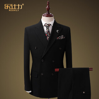 Leshili high-end handsome suit suit male groom wedding dress slim stretch black business casual suit suit arch line double button black 2-piece set (jacket + pants) 180/52/xl default size 33 pants