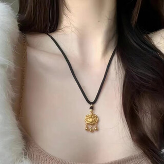 Luoyi k gold pendant, safe lock, long life lock necklace for women, versatile gift for girlfriend, gold safe lock + classic black rope gold beads