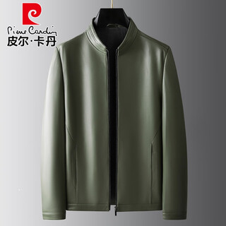 Pierre cardin haining autumn and winter new genuine leather jacket men's jacket stand collar casual business dad sheepskin motorcycle leather jacket grass green 175/l