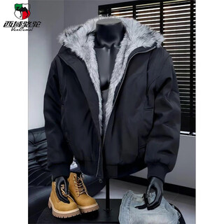 Western camel (vancamel) high-end american retro jacket cotton coat men's winter warm mountain-carved cotton coat cleanfit fur collar coat black thickened xl 135-150jin jin equals 0.5 kg