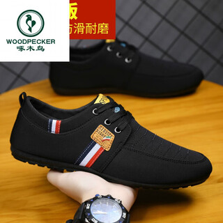 Woodpecker spring and autumn new men's casual breathable canvas shoes men's low-top driving beanie shoes soft bottom old beijing cloth shoes trend 315 black upgraded fabric 40