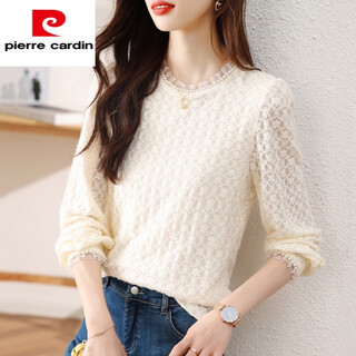 Pierre cardin (pierre cardin) lace bottoming shirt for women, spring, spring and autumn 2025 new style, long-sleeved velvet and thickened age-reducing top, beige color (without velvet) <high-end high-end atmosphere minus xl (125-140jin jin is equal to 0.5 kg)