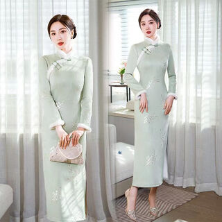 Nukm velvet thickened cheongsam 2026 new autumn and winter young style improved retro long-sleeved long female pink warm green embroidered velvet l recommended 100-110jin jin equals 0.5 kg