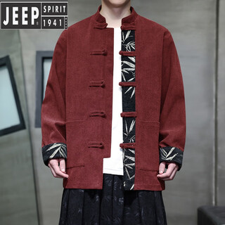Jeep spirit new chinese style autumn and winter corduroy tang suit men's color matching large size plate buckle tunic suit retro style jacket warm jacket burgundy l reference weight 115-130 jin jin equals 0.5 kg