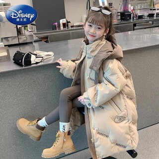 Disney girls down jacket 2025 winter new children's thickened jacket medium and large children's winter mid-length jacket khaki 160