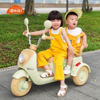 No more fun, no more children's electric motorcycle three-wheel parent-child remote control baby toy car can sit two people children's one-year-old gift deluxe version beige dual-drive remote control + 6v7a battery