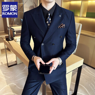 Romon british style gun lapel double-breasted peak collar suit suit men's commuter business suit three-piece wedding dress trendy navy suit + vest + trousers 2xl