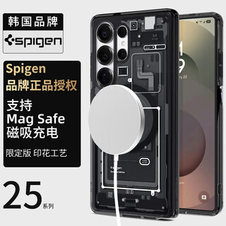 Spigen is suitable for samsung s25 ultra mobile phone case, new s25+ protective cover, high-end men's silicone hard case, transparent all-inclusive anti-fall airbag case, magfit magnetic suction case, transparent black and gray with magnetic suction, samsung galaxy s25 ultra