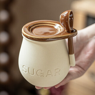 Youcci kitchen storage retro ceramic seasoning jar with lid spoon creative seasoning sugar salt jar set small lard jar household sugar small jar with lid-mibai