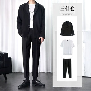 Baiqueting suit suit men's casual professional casual formal wear spring and summer thin handsome high-end korean style trendy class uniform jacket black 3-piece suit suit + white short t-shirt + trousers m