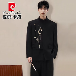 Pierre cardin new chinese style light luxurious bamboo embroidered suit suit men's handsome groom wedding engagement dress suit knitted black two-piece set top + pants m