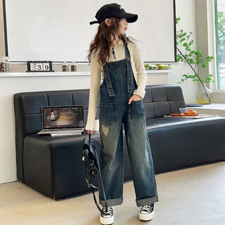 Maidou xiong girls internet celebrity overalls set new spring and autumn clothing medium and large children's fashionable denim overalls two-piece set single-piece overalls laser love style 150