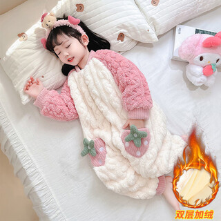 Antpai baby girl one-piece children's pajamas winter coral velvet double layer plus velvet thick children's clothing girls sleeping bag home clothes pink (double layer strawberry onesie) size 110 recommended 3-4 years old (height 100-110cm)