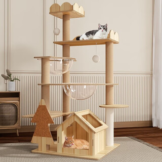 Tangmijiji luxury upgraded cat climbing frame, cat nest, cat tree, play and sleep all-in-one cat frame, cat scratching post, household space capsule that does not occupy an area, 147cm double cabin wooden house model with built-in cat scratching board