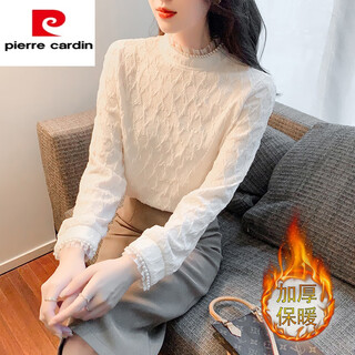 Pierre cardin half turtleneck lace bottoming shirt for women 2025 autumn and winter new style french style plus velvet thickened lace top, milky white plus velvet m