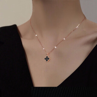 Xerui applicable four-leaf clover necklace for women 18k gold rose gold color gold clavicle chain women's valentine's day gift for girlfriend rose gold four-leaf clover black agate