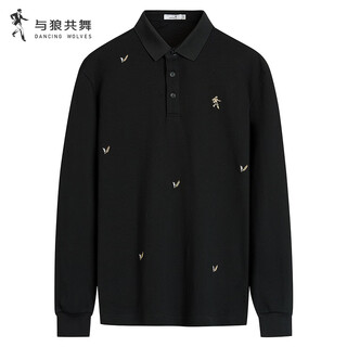 Dances with wolves scattered embroidery autumn and winter stretch soft casual long sleeve polo shirt for men 001 black 185