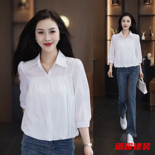 Feng xiaowei shirt women's fashionable belly-covering short top spring shirt design western style bottoming shirt white-outer wear blouse-summer blouse s-outer wear blouse-summer blouse