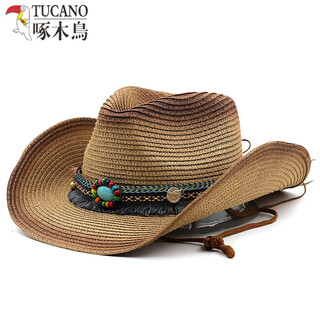 Woodpecker brand spring and summer bohemian style western cowboy straw hat foldable summer windproof rope tibetan style hat kaka m (56-58cm)