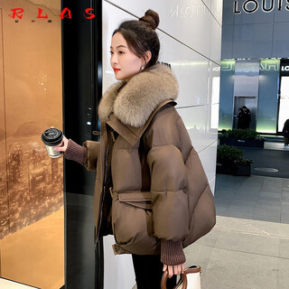 Rlas short down jacket women's 2026 winter new style fashionable and versatile white goose down big fur collar jacket for little people brown luxurious fox fur s 160