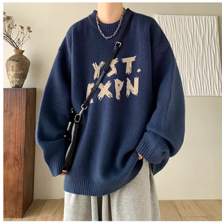 Oemg crew neck sweater for men and women in autumn and winter thickened american trendy brand letter sweater loose lazy style pullover sweater navy blue l recommended 110-125jin jin equals 0.5 kg