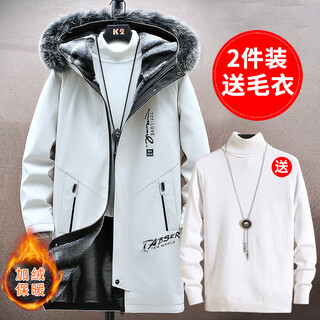 Silk windbreaker men's winter style plus velvet warm mid-length coat winter hooded loose coat men jr917 off-white + g01 white sweater xl (recommended 120-130jin jin equals 0.5 kg)