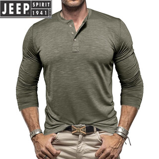 Jeep spirit european and american tough guy ami khaki american retro loose t-shirt cotton henry collar long-sleeved inner layered shirt trendy men's military green xl