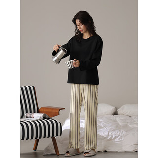 Meijiachen 2024 new couple pajamas women's spring and autumn long-sleeved suit casual large size can be worn outside striped pants home clothes women's style-6215 m