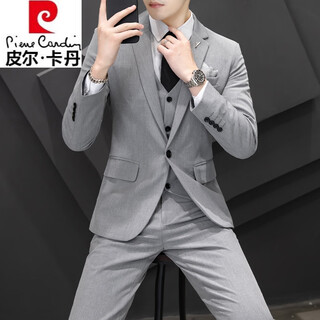 Pierre cardin casual suit men's korean business formal three-piece suit groomsmen wedding dress small suit jacket light gray suit + pants + shirt belt tie xl