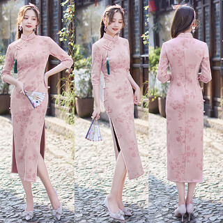 Nukm suede single layer long three-quarter sleeve daily cheongsam 2026 new improved spring and autumn chinese style dress 6055 pink xl