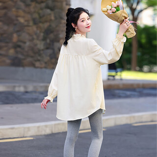 Maternity wear spring and autumn casual tops 2025 long-sleeved suit belly-covering shirt loose mid-length autumn shirt for women beige-single top xxl