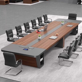 Grid wood conference table long table office desk conference room training table and chair combination simple modern long table large negotiation table walnut + iron gray 3.0*1.4 meters conference table