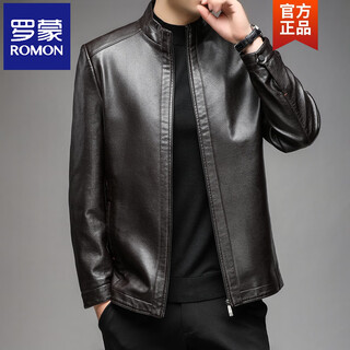 Romon haining leather men's 2025 new autumn and winter dad clothes middle-aged men's first layer imitation cowhide leather jacket stand collar brown - thin m 170 (100-120 jin jin is equal to 0.5 kg)