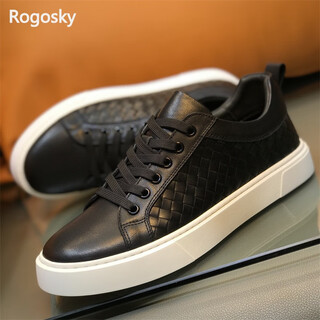 Rogosky hong kong trendy brand european station men's shoes hand-woven sneakers men's british style sneakers business casual shoes black white bottom 41 (leather shoe size)