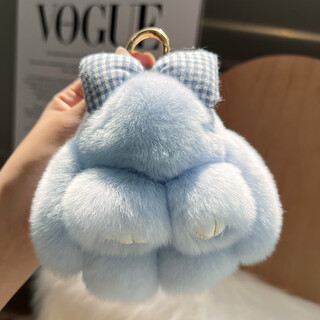 Tucker is suitable for cute real rex rabbit fur bow little rabbit car keychain pendant ins plush doll school bag gentian blue