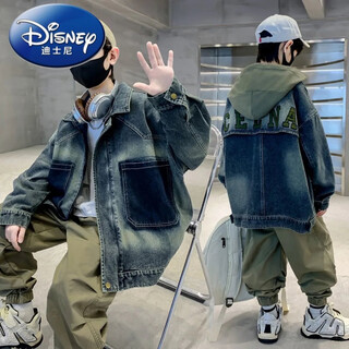 Disney (disney) children's clothing, boys' autumn jackets, spring and autumn new models, medium and large children's boys handsome denim autumn hooded trend, retro color 130