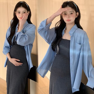 Sangji maternity dress spring and summer fashionable outer wear large size long-sleeved shirt suspender maternity skirt two-piece set 1015# blue shirt single piece l 100-120jin jin is equal to 0.5 kg