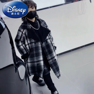 Disney (disney) children's autumn and winter style velvet plaid coat for boys and girls, loose and stylish baby mid-length windbreaker coat, cool black, picture color, black and white plaid 100