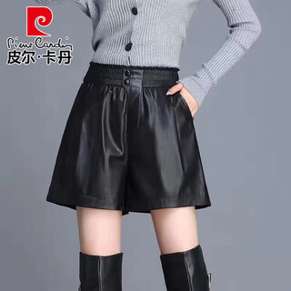 Pierre cardin 2025 autumn and winter new haining genuine leather pants women's high waist slim sheepskin shorts women's wide leg outer boot pants 1910 black m recommended 95-108 jin jin equals 0.5 kg