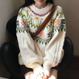 Miao yijia fair isle soft waxy sweater for women winter sweater 2025 new lazy style top with loose fit for little people forest style lantern sleeve sweater one size fits all recommended 80-120 jin jin equals 0.5 kg