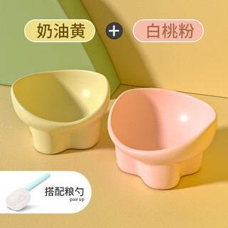 Qi oh cat bowl ceramic cat food bowl dog bowl food bowl cat rice bowl large diameter water bowl slant bowl anti-tip bowl pet supplies double bowl + grain spoon cream yellow + white peach powder