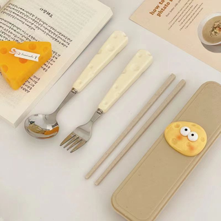 Jingdie cute ins cheese spoon fork wheat chopsticks three-piece set student children portable tableware storage box set spoon + fork + wheat stem chopsticks + storage box