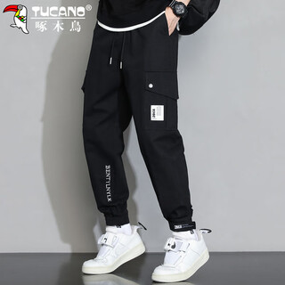 Woodpecker (tucano) overalls men's ankle-tie spring pants men's loose casual pants men's sports small-footed men's pants black xl